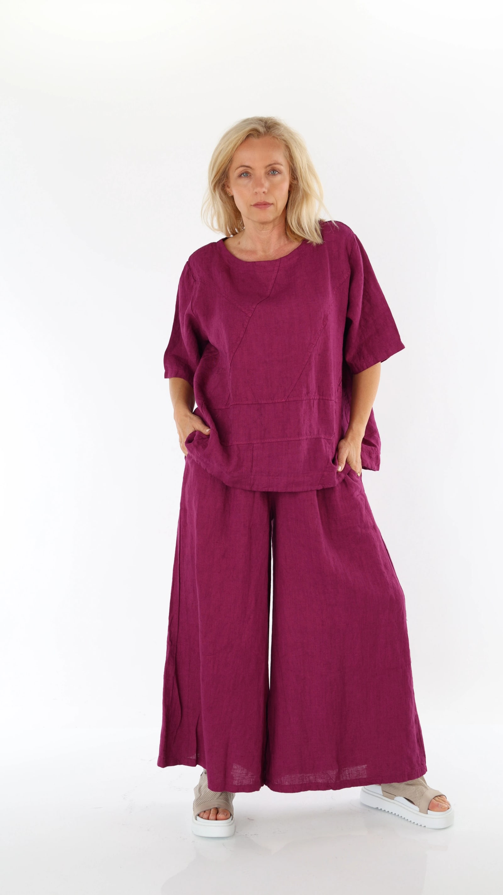 QOZAA QZ0110 Rahat Kesim Patchwork Keten Bluz