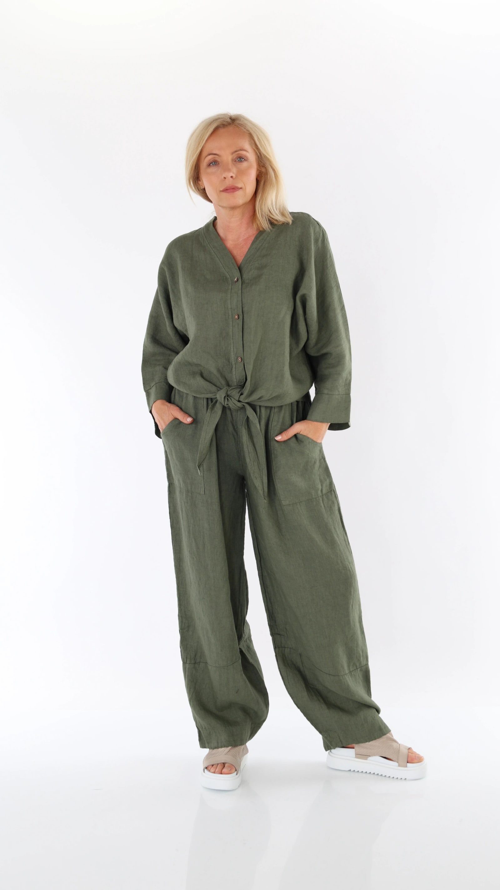 QOZAA QZ0111 Önden Bağlamalı Keten Bluz